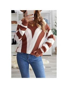 Azura Exchange Brown Striped Colorblock V Neck Knitted Sweater