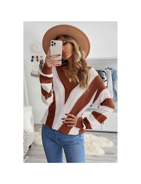 Azura Exchange Brown Striped Colorblock V Neck Knitted Sweater, hi-res image number null