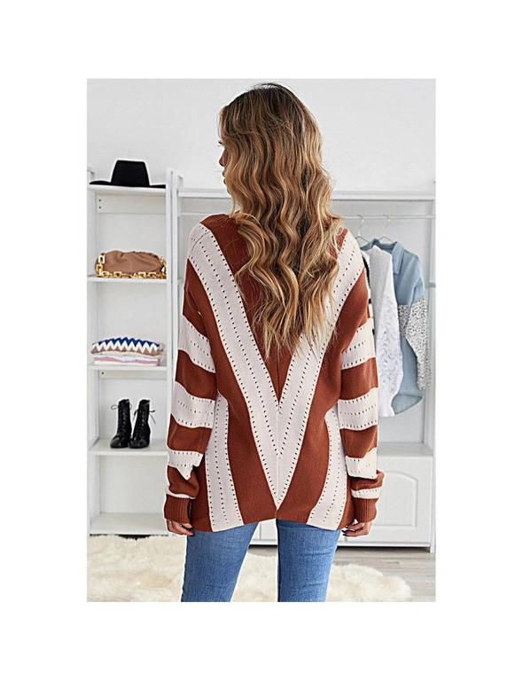 Azura Exchange Brown Striped Colorblock V Neck Knitted Sweater, hi-res image number null