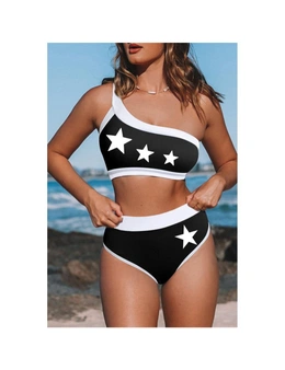Azura Exchange Black Star Print Color Block One Shoulder High Waist Bikini Swimwear