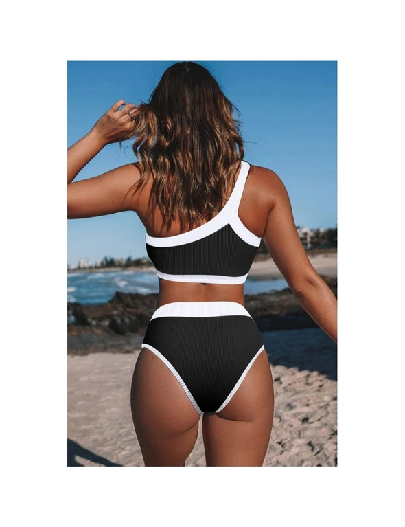 Azura Exchange Black Star Print Color Block One Shoulder High Waist Bikini Swimwear, hi-res image number null