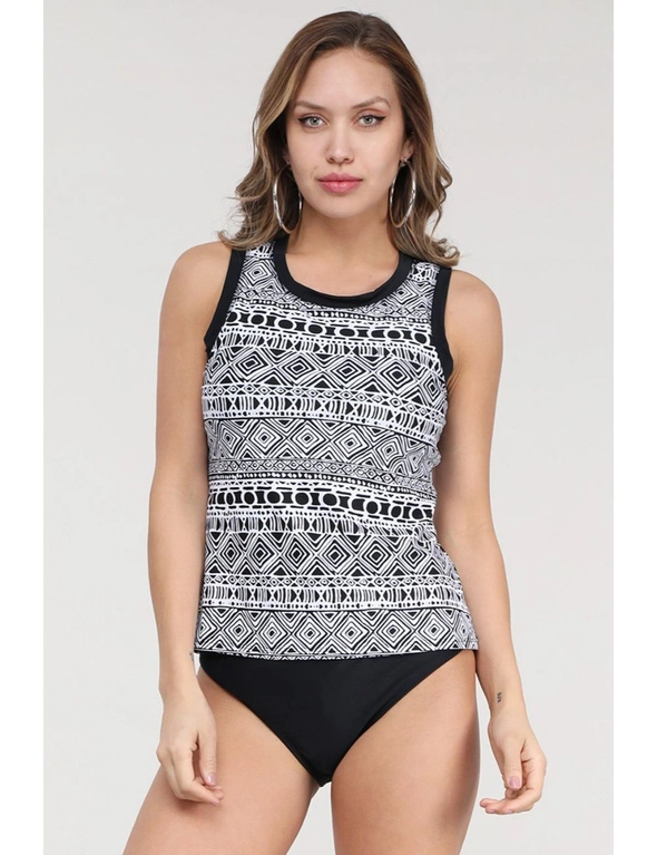 Black Ethnic Print High Neck Strappy Tankini, hi-res image number null