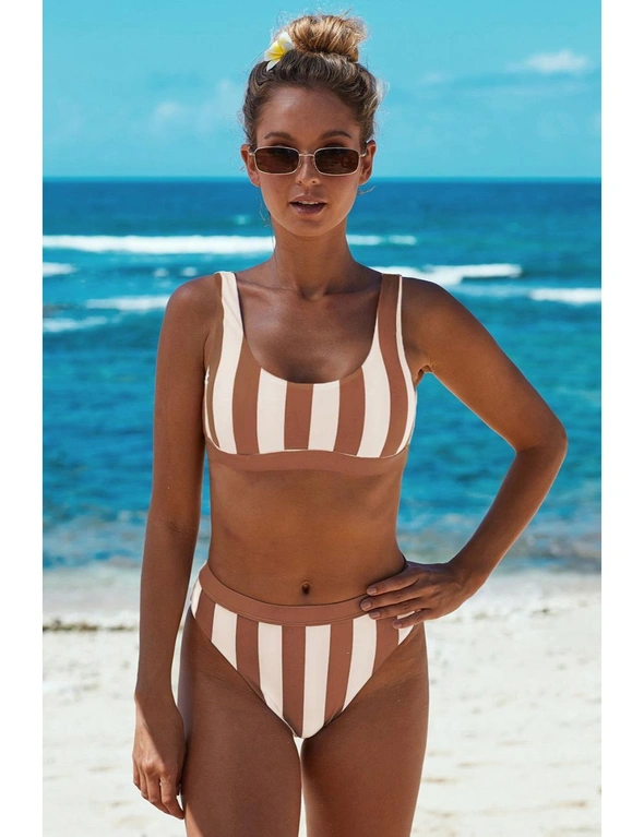 Brown Athletic Striped Tank High Waist Bikini, hi-res image number null