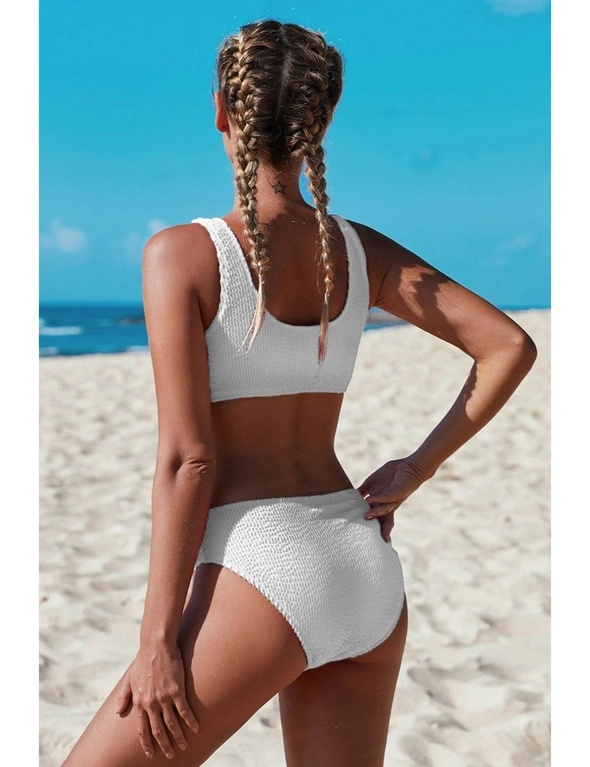White Scoop Neck Crop Top Mid Rise Bottom Two-piece Swimsuit, hi-res image number null