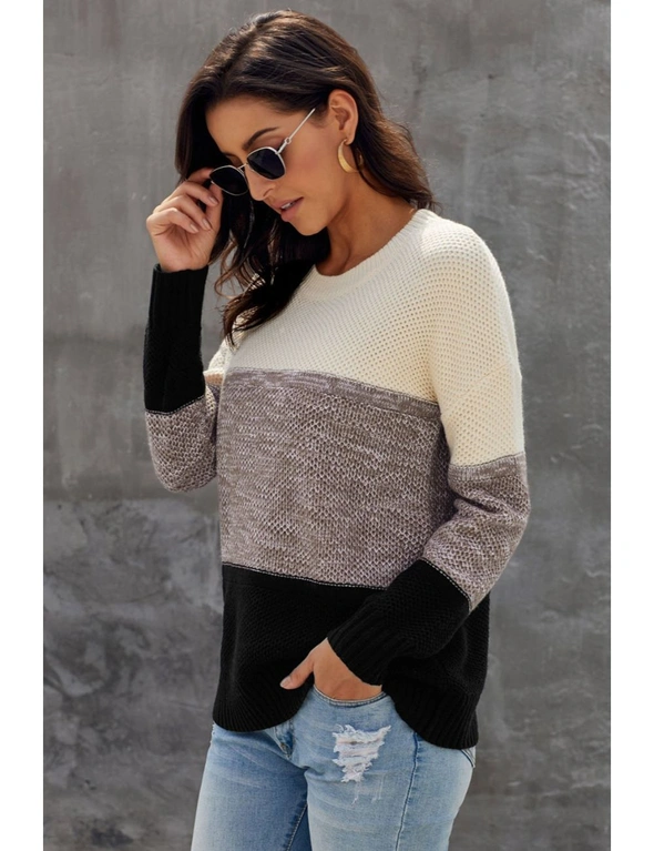 Black Color Block Netted Texture Pullover Sweater, hi-res image number null