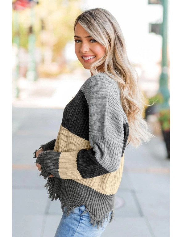 Gray Colorblock Distressed Sweater, hi-res image number null
