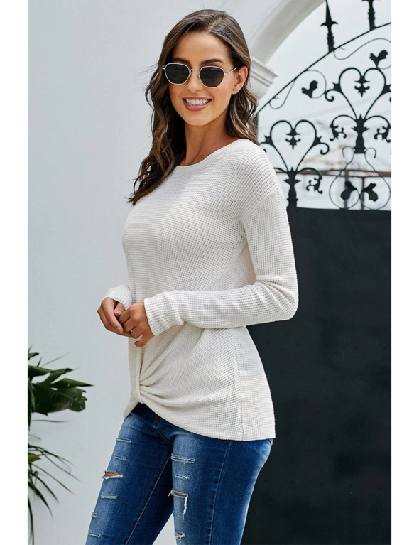 Beige Knot Your Girlfriend Thermal Knit Top, hi-res image number null