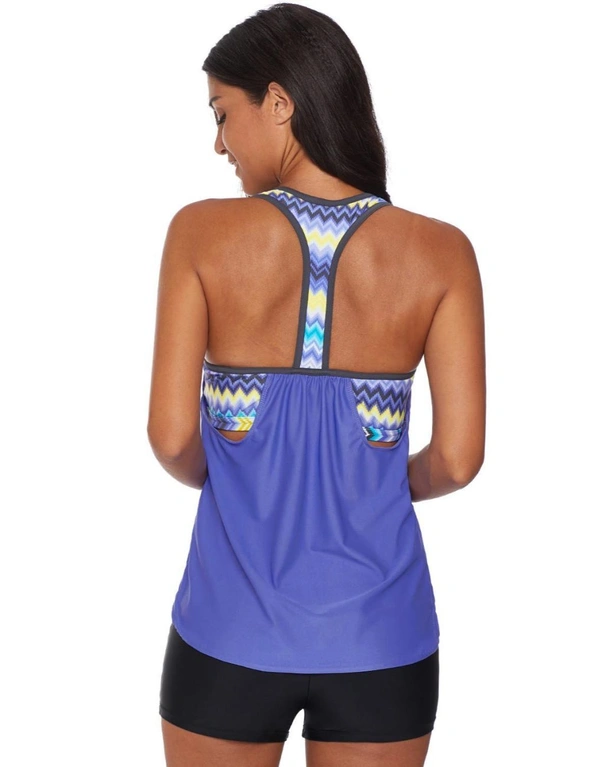 Sky Blue Blouson Striped Printed Strappy T-Back Push up Tankini Top, hi-res image number null