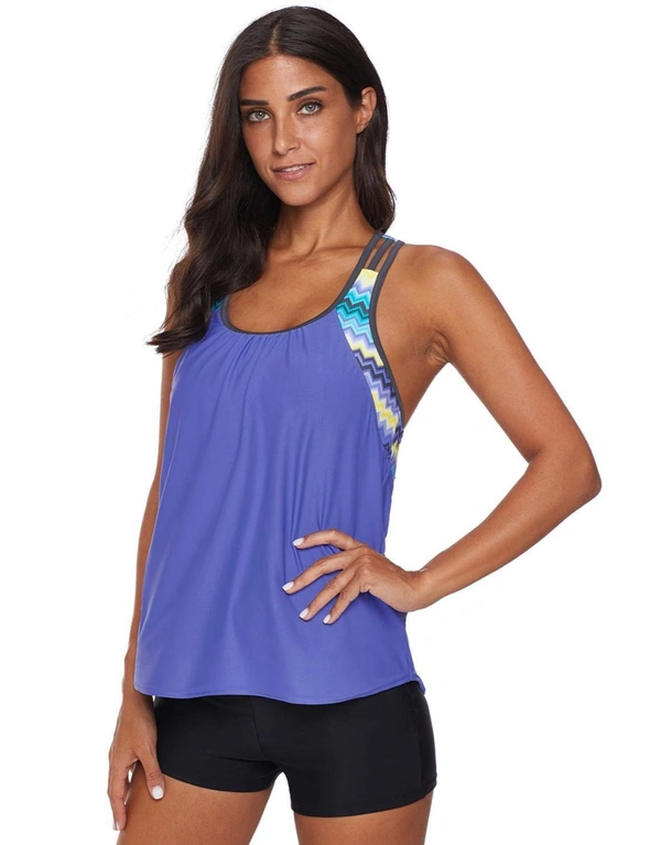 Sky Blue Blouson Striped Printed Strappy T-Back Push up Tankini Top, hi-res image number null