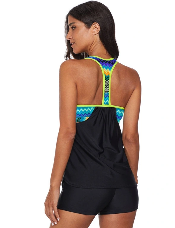 Black Blouson Striped Printed Strappy T-Back Push up Tankini Top, hi-res image number null