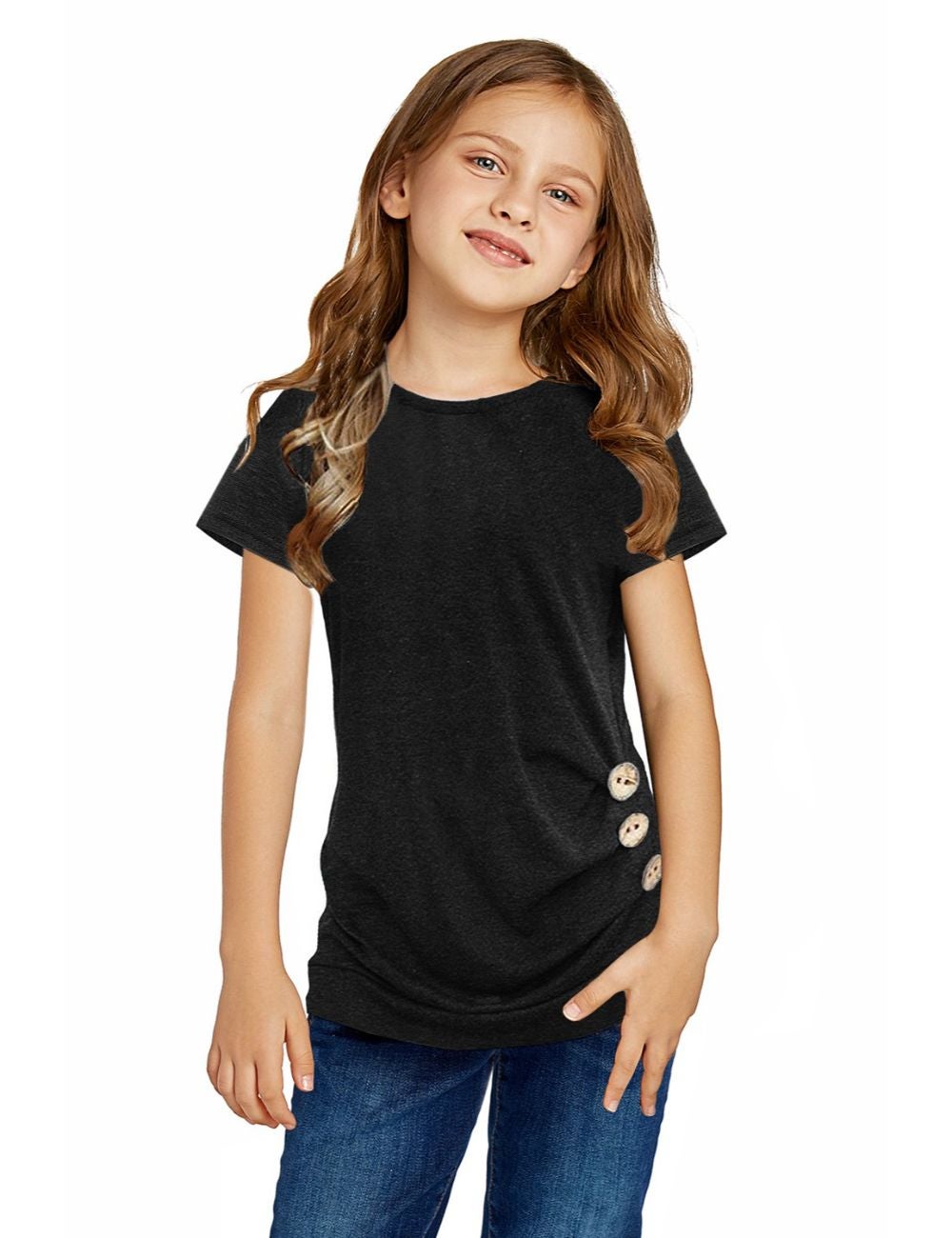 Black Side Button Detail Short Sleeve T Shirt for Little Girls ...