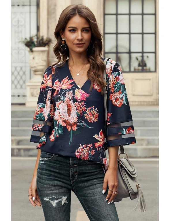 Red 3/4 Flared Sleeve Floral Blouse, hi-res image number null