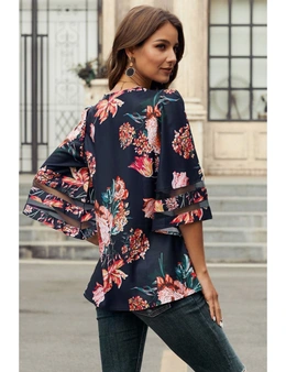 Red 3/4 Flared Sleeve Floral Blouse