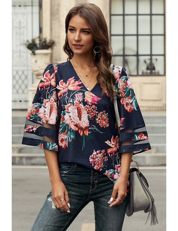 Red 3/4 Flared Sleeve Floral Blouse, hi-res image number null