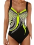 Yellow Tribal Print One Piece Swimsuit, hi-res