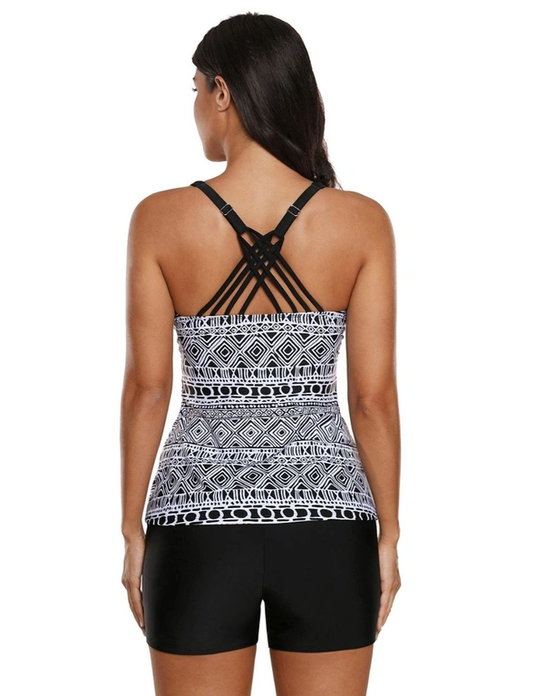 Monochrome Geometry Print Sporty Tankini Swimsuit, hi-res image number null