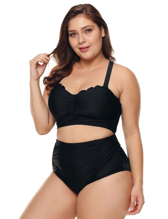 Black Plus Size Scalloped Detail High Waist Bikini Swimsuit, hi-res image number null