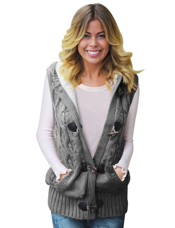 Gray Cable Knit Hooded Sweater Vest, hi-res image number null