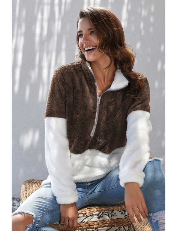 Brown White Zip Neck Oversize Fluffy Fleece Pullover, hi-res image number null