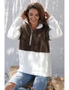 Brown White Zip Neck Oversize Fluffy Fleece Pullover, hi-res