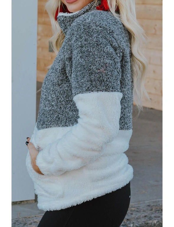 Charcoal White Zip Neck Oversize Fluffy Fleece Pullover, hi-res image number null