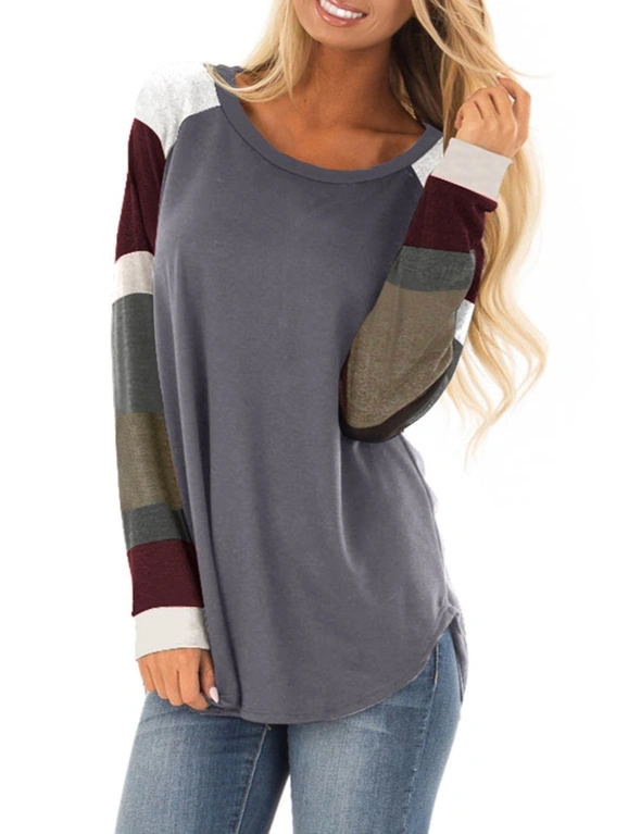 Color Block Long Sleeves Gray Pullover Top, hi-res image number null