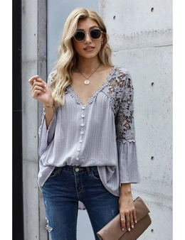 Gray Crochet Lace Button Top