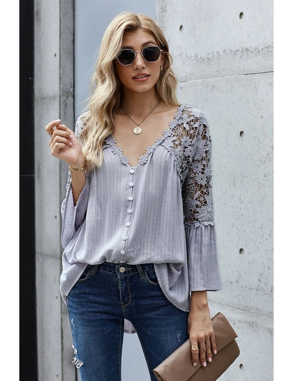 Gray Crochet Lace Button Top, hi-res image number null