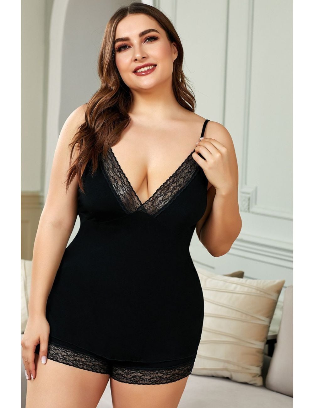 Plus Size Black Stretch Lace Bra Top and Boy Short Set – Nyteez