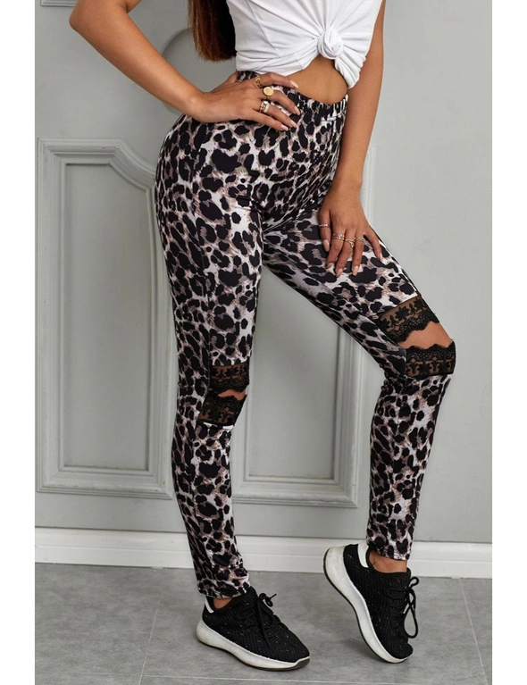 Floral Hollow Out Leopard Printed Skinny Leggings, hi-res image number null