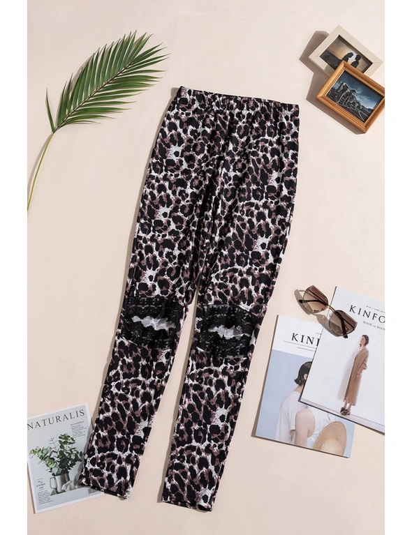 Floral Hollow Out Leopard Printed Skinny Leggings, hi-res image number null