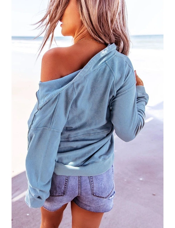 Cotton Pocketed Half Zip Pullover Sky Blue Sweatshirt, hi-res image number null