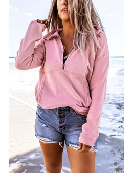 Cotton Pocketed Half Zip Pullover Pink Sweatshirt