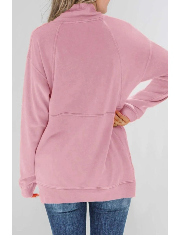 Cotton Pocketed Half Zip Pullover Pink Sweatshirt, hi-res image number null
