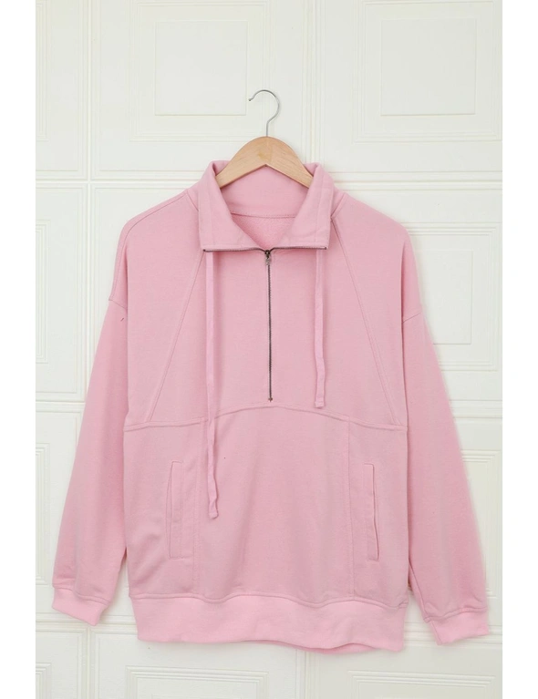 Cotton Pocketed Half Zip Pullover Pink Sweatshirt, hi-res image number null