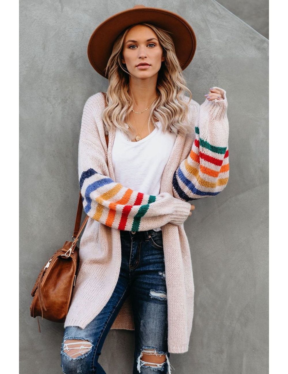 Pink Striped Balloon Sleeve Cardigan | Katies