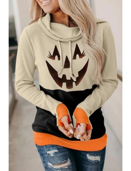 Black Cowl Neck Pumpkin Print Color Block Halloween Sweatshirt
