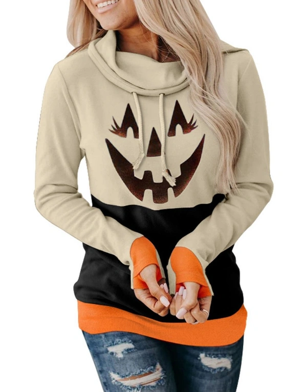 Black Cowl Neck Pumpkin Print Color Block Halloween Sweatshirt, hi-res image number null