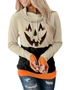 Black Cowl Neck Pumpkin Print Color Block Halloween Sweatshirt, hi-res