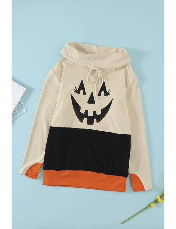 Black Cowl Neck Pumpkin Print Color Block Halloween Sweatshirt, hi-res image number null
