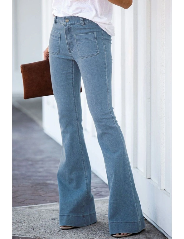 Sky Blue Vintage Casual Pocket Flared Jeans, hi-res image number null