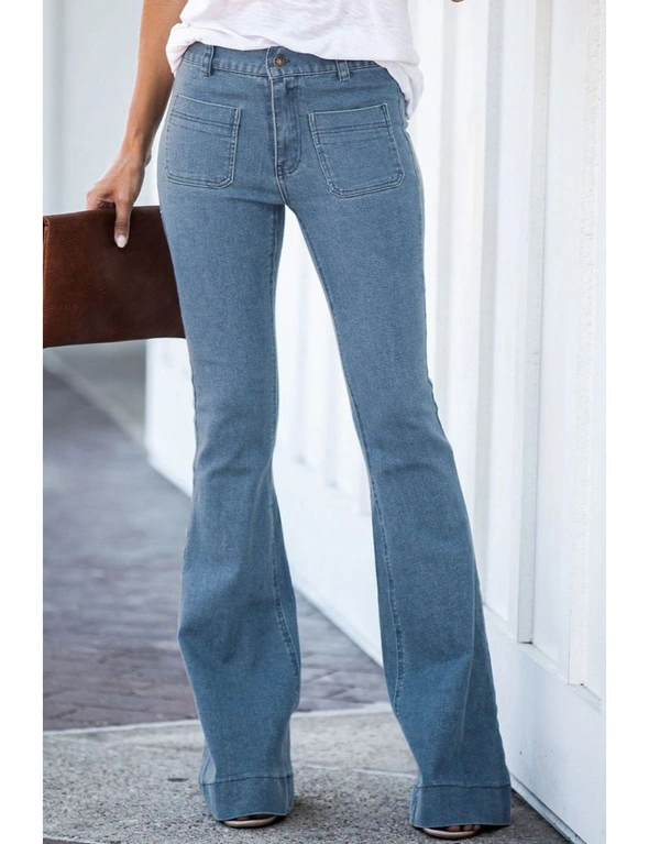 Sky Blue Vintage Casual Pocket Flared Jeans, hi-res image number null