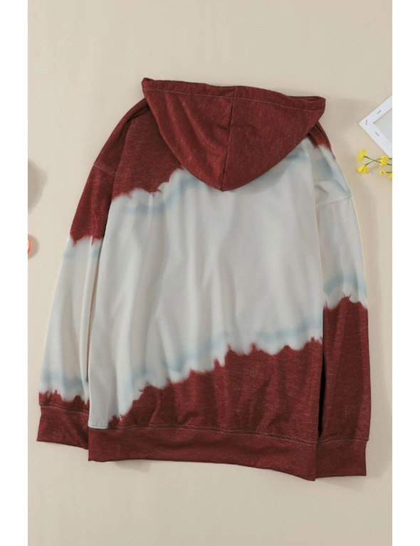 Wine Hooded Tie Dye Print Pocket Casual Sweatshirt, hi-res image number null