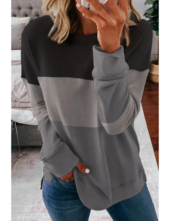 Colorblock Black Contrast Stitching Sweatshirt with Slits, hi-res image number null