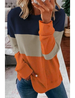Colorblock Orange Contrast Stitching Sweatshirt with Slits