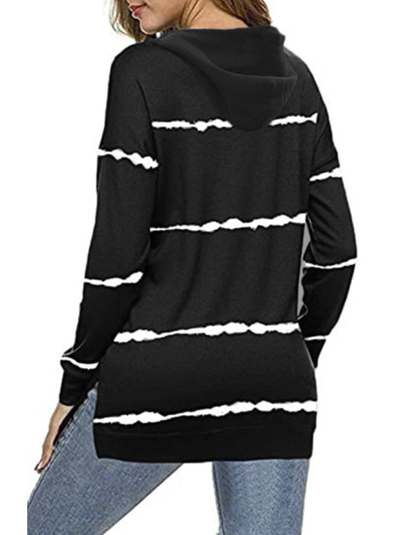 Black Tie-dye Striped Drawstring Hoodie with Side Split, hi-res image number null