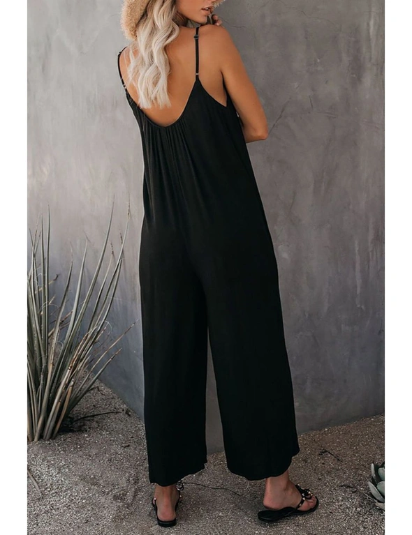 Black Spaghetti Straps Wide Leg Pocketed Jumpsuits, hi-res image number null