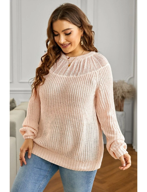 Beige Round Neck Lace Splicing Knitted Sweater, hi-res image number null