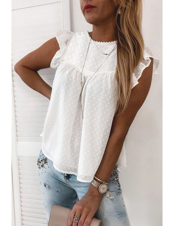 White Polka Dot Lace Ruffled Tank Top, hi-res image number null