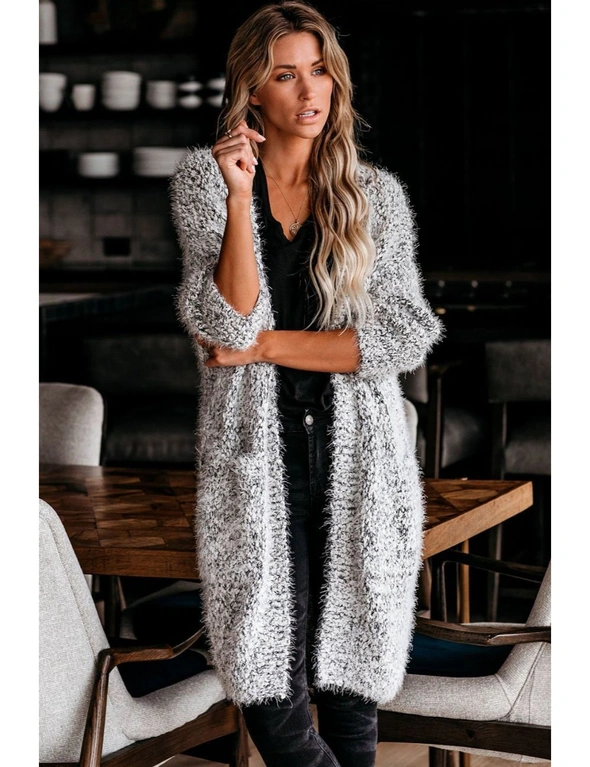 Gray Fuzzy Knit Cardigan with Pockets, hi-res image number null
